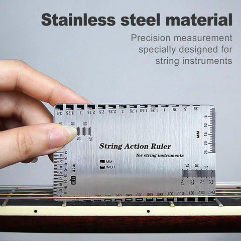 Hand holding Guitar String Height And Action Gauge Ruler Set for Electric Acoustic and Bass Stainless Steel Setup Tool with Fret Rocker