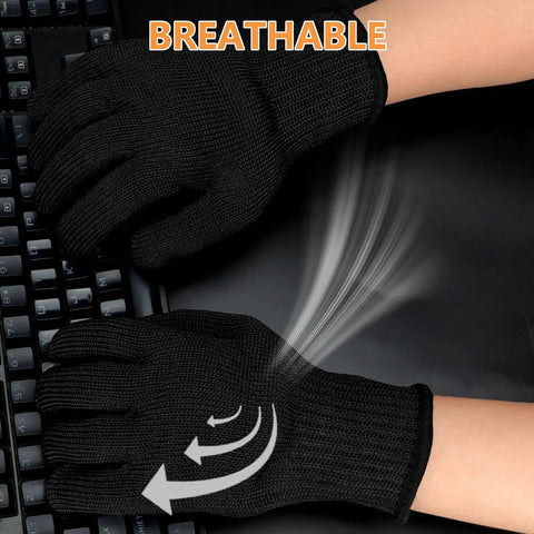 Person wearing Cut Resistant Gloves With Stainless Steel Wire Core For Pro Grade Food Prep Level 5 Protection, typing on keyboard.