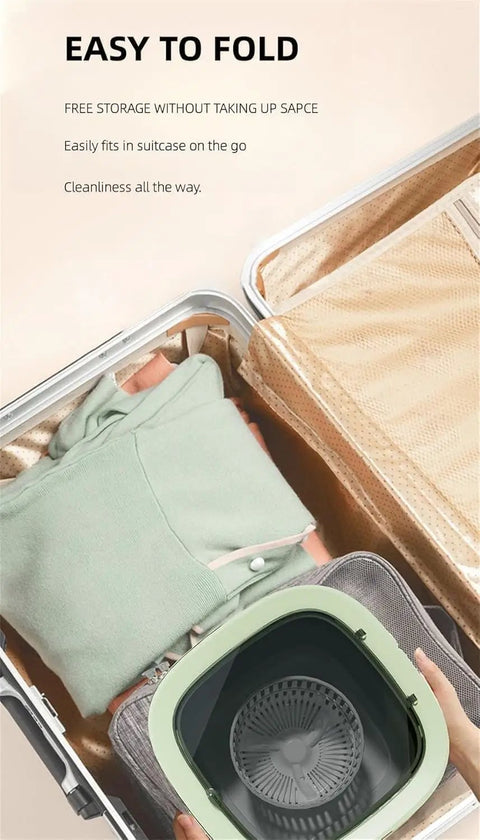 No Drama Portable Washing Machine 20L Capacity in a suitcase, showcasing its foldable design, ready for travel.