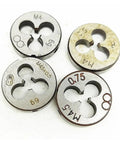 Close-up of Pro Grade 7/16-14 UNC Thread Tap And Round Die Set in alloy steel showing different size dies for machining