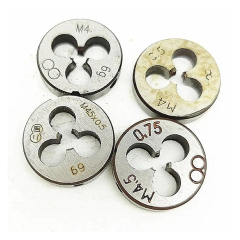 Close-up of Pro Grade 7/16-14 UNC Thread Tap And Round Die Set in alloy steel showing different size dies for machining