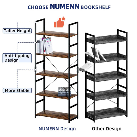 Comparison of 5 Tier Bookshelf Tall Bookcase Storage Organizer For Bedroom Living Room And Home Office Modern Durable Wood Shelving With Waterproof Panels Anti Scratch Finish Dope For Books Decor And Plants showcasing NUMENN and other design with highlighted features.