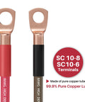 8 Gauge Power Ground Wire Kit features red and black cables with pure copper SC10-8 and SC10-6 terminals for car audio setups.