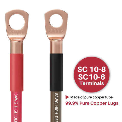 8 Gauge Power Ground Wire Kit features red and black cables with pure copper SC10-8 and SC10-6 terminals for car audio setups.