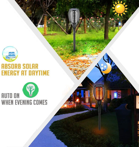 Upgraded Solar Flame Torch Lights Outdoor Waterproof Dancing Flame Garden Lights 43 Inch Tall With 96 LEDs Each Two Pack in outdoor setting