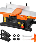 Heavy Duty Six Inch Spiral Benchtop Jointer Boasts A Beefy Two Horsepower Motor Churning At Twelve Thousand Rpm With Twelve Blade Spiral Cutterhead Delivering Flawless Surfaces Adjustable Fence And Solid Cast Aluminum Table Built Tough For Real Workers, featuring a compact design with accessories.