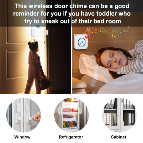Wireless Door Chime with 800 ft Range, 55 Chimes and 5 Adjustable Volume Levels for Home Office or Store shown in bedroom setup