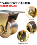 Front view of a 2-inch V-groove caster with mounting plate for sliding gates; gold-toned steel, 4-pack.