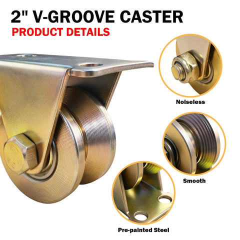 Front view of a 2-inch V-groove caster with mounting plate for sliding gates; gold-toned steel, 4-pack.