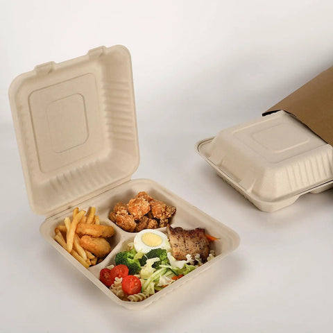 100 Pack 3-Compartment Compostable Takeout Lunch Boxes With Lids 8x9 Inch Clamshells For Food To Go Eco Friendly Bagasse PFAS Free Brown Biodegradable