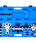 Open blue case showing the 19 Piece Slide Hammer Puller Set With 9 Way Internal And External Pullers For Wheel Hub Dent Removal And Hub Gear Puller Remover Kit In Portable Case Included.