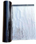 Heavy Duty Aluminum Foil Flashing Tape For Roof Repair And Shed Fixing, unrolled showing shiny silver surface and black backing.