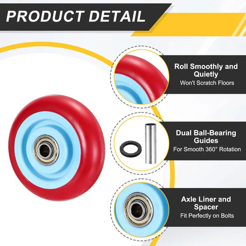 4 Pcs Push Cart Wheels Replacement Pu Rolling Casters With Bushing And Washer, 4 Inch By 1.3 Inch, Red Wheel Detail