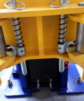 Front view: APlusLift HW-10KBP two-post floor plate car lift base; yellow frame with chrome cylinders and black springs.