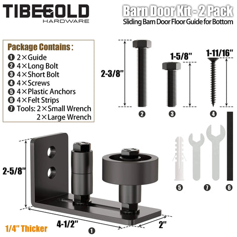 Bottom Adjustable Barn Door Floor Guide Kit With Wall Mounted Rollers 8 Setup Options showing components and tools.