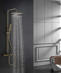 Slick Brushed Gold Thermostatic Shower System With Stable Flow Rainfall Head Wall Mounted Bathroom Faucet Set Featuring Effortless Handheld Sprayer.