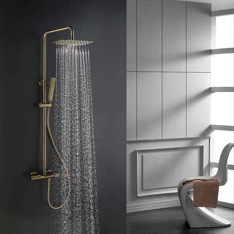 Slick Brushed Gold Thermostatic Shower System With Stable Flow Rainfall Head Wall Mounted Bathroom Faucet Set Featuring Effortless Handheld Sprayer.