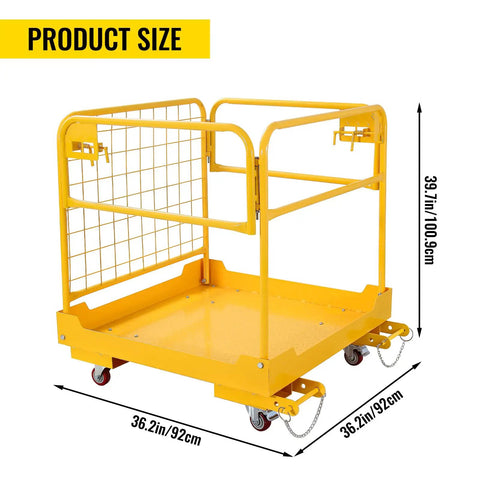 Heavy Hitter 36X36 Forklift Safety Cage With Foldable Man Basket 1200 Lb showcasing dimensions 36.2in x 39.7in, sturdy yellow steel frame.