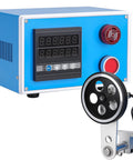High Precision Digital Length Counter With Multi Unit Readout Feet Inches Meters And Yards, Alarm Relay Output, Power Failure Memory, Ideal For Textile, Printing, And Fabric Applications, 400R Encoder in blue casing with display screen, red alarm, and encoder wheel.