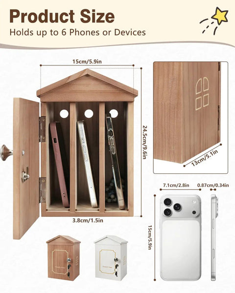 House Shaped Pine Wood Phone Lock Box Stores Six Devices Screen Free Zone For Lowkey Hangouts And Weekend Game Nights with size details