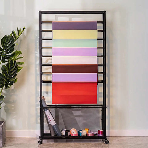 Heavy Duty Steel Mobile Cart And Fabric Roll Storage Rack For Textile Wallpaper Organizing With 200Kg Capacity And Slick Lockable Casters showing stacked colorful paper rolls.