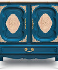 Hella Classy Five Piece Carved Wood Floral Appliques For Furniture Makeover Smooth Staining Prep on a blue cabinet with floral details.