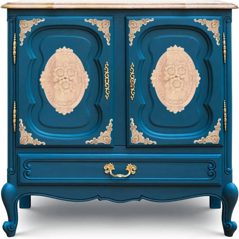 Hella Classy Five Piece Carved Wood Floral Appliques For Furniture Makeover Smooth Staining Prep on a blue cabinet with floral details.