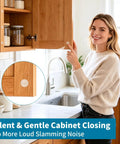 Smooth Operator Premium Cabinet Bumpers Self Adhesive Silicone Pads For Quiet Doors And Kitchen Drawers Furniture Protectors Anti Collision Guards 127 Piece Set, clear silicone pad shown on wooden cabinet.
