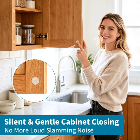 Smooth Operator Premium Cabinet Bumpers Self Adhesive Silicone Pads For Quiet Doors And Kitchen Drawers Furniture Protectors Anti Collision Guards 127 Piece Set, clear silicone pad shown on wooden cabinet.