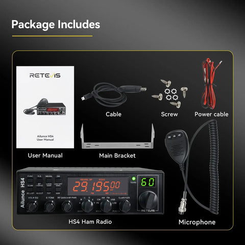 Long Range 10 Meter Ham Radio Base Station Transceiver With SSB CW LSB USB AM FM PA Noise Reduction SWR Protection ASQ Built For Contest Off Road Truck And Home Shack Adventures package contents displayed with radio, microphone, cables, manual, and screws.