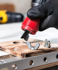 Top Tier Four Piece Dovetail Router Bit Set Featuring Precision Bearing Guides For Cabinetry And Fine Woodworking in use with drill tool.