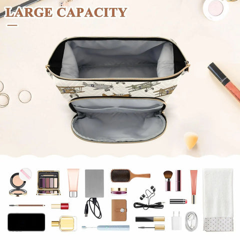 Vintage Aircraft Cartoon Makeup Bag With Quilted Design And Wide Open Access showing large capacity and multiple compartments