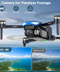 Close-up of GPS Drone With 4K Camera For Adults Foldable RC Quadcopter highlighting 90° adjustable camera feature and 4K vs non-4K footage.