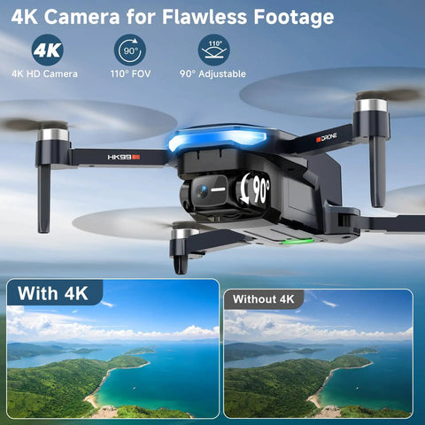 Close-up of GPS Drone With 4K Camera For Adults Foldable RC Quadcopter highlighting 90° adjustable camera feature and 4K vs non-4K footage.