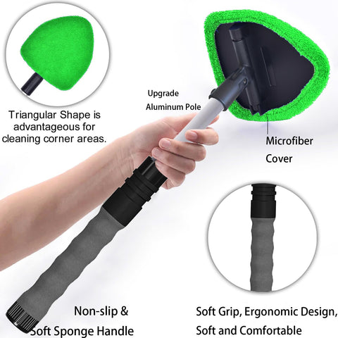 Extendable Car Window Cleaner With Four Reusable Microfiber Pads Aluminum Pole And 50ml Spray Bottle Inside Glass Wiper Kit in hand