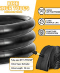 Close-up of black Schrader valve bike inner tubes coiled, highlighting puncture prevention and air tightness features.