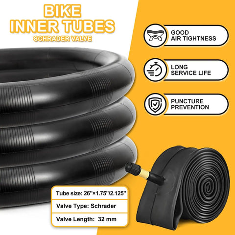 Close-up of black Schrader valve bike inner tubes coiled, highlighting puncture prevention and air tightness features.