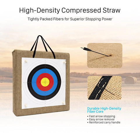20 Inch Straw Archery Target For Backyard Practice with high-density compressed straw, showing target surface and arrow removal.