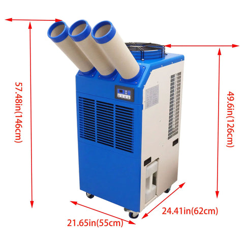 Rock Solid 220V Portable Air Conditioner With 22000 Btu Cooling Power 2400 Watt Rotary Compressor side view with three hoses.