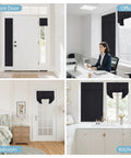 Blackout French Door Curtain With Self Adhesive No Drill Mount For Privacy And Thermal Insulation Perfect For Patio Kitchen Front Entry And Back Door Glass Windows Size 26 By 69 Inches One Panel In Black installed in different rooms.