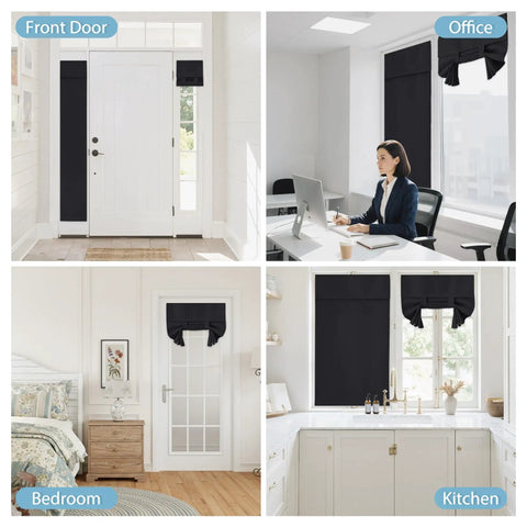 Blackout Curtain Panel For French Doors And Windows, Thermal Insulated Light Block, Energy Efficient 30 X 40 Inches, One Panel In Deep Black, Easy Install In Minutes With Strong Adhesive Straps, No Drill Required showcased in various rooms.