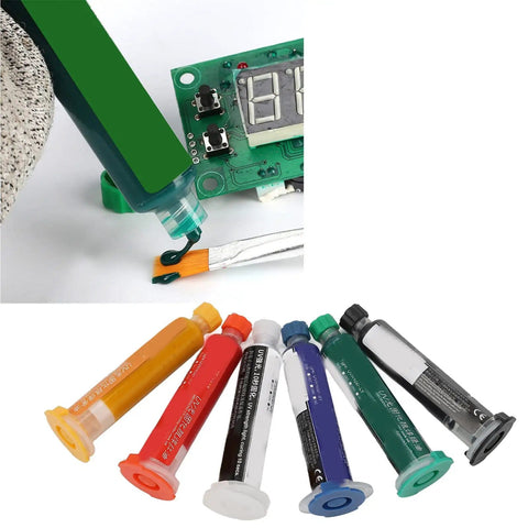 Six Pack Solder Mask Ink For PCB Soldering And BGA Repair, Light Cure Mask Paint, 10cc bottles, applied on circuit board