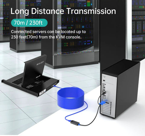 No Sweat Plug And Play Eight Port Kvm Switch With Seventeen Inch Lcd Rack Console connected to a server for long-distance transmission.