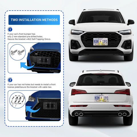 Audi Front License Plate Bracket Mounting Kit For 2000 Through 2025 A3 S3 A4 S4 A5 S5 A6 S6 A7 S7 A8 Quattro Allroad Q3 Q5 Q7 Q8 installation view