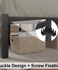 Heavy Duty Metal Platform Bed Frame With Attached Headboard And Dead Silent Construction In Premium Matte Black Finish showing buckle design and screw fixation.