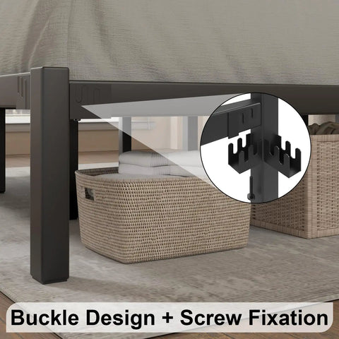 Heavy Duty Metal Platform Bed Frame With Attached Headboard And Dead Silent Construction In Premium Matte Black Finish showing buckle design and screw fixation.