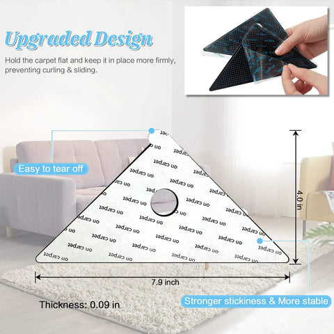 Eight Pack Rug Tape Grippers For Rugs Reusable Washable Non Slip Double Sided Rug Pads showing triangle design and dimensions.