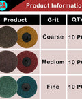 31 Pcs 3 Inch Surface Conditioning Discs With Quick Change Twist Lock System And 1/4 Inch Shank For Die Grinder Prep Strip Grind Polish Finish And Rust Paint Removal in coarse, medium, and fine grit displayed in a chart.