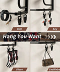 Heavy Duty Wall Mounted Helmet Rack With Six J Hooks And Six Clip Hooks Holds Six Helmets And Gear, displaying key, belt, glove, saddlebag