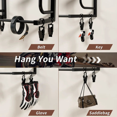Heavy Duty Wall Mounted Helmet Rack With Six J Hooks And Six Clip Hooks Holds Six Helmets And Gear, displaying key, belt, glove, saddlebag